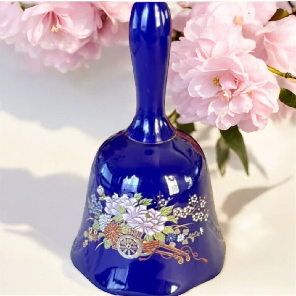 Flambro Vintage Blue Bell with Cart and Flowers Porcelain Collectible